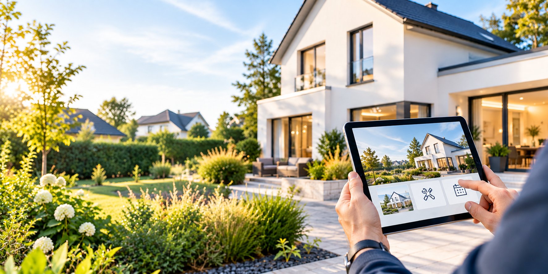 Modernes Wohnhaus mit digitalem Immobilien-Serviceheft auf einem Tablet